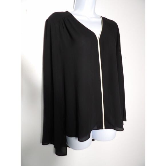 Catherine Malandrino Blouse Medium Black Hi Lo White Trim Career Office Flowy - Picture 3 of 11